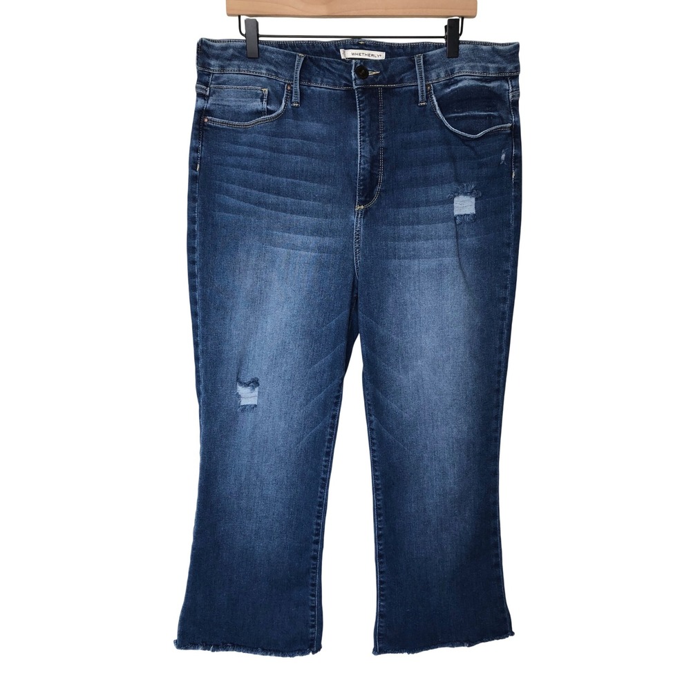 WHETHERLY Charlie High Rise Kick Flare Jeans Blue Distressed Fray Hem 34 18